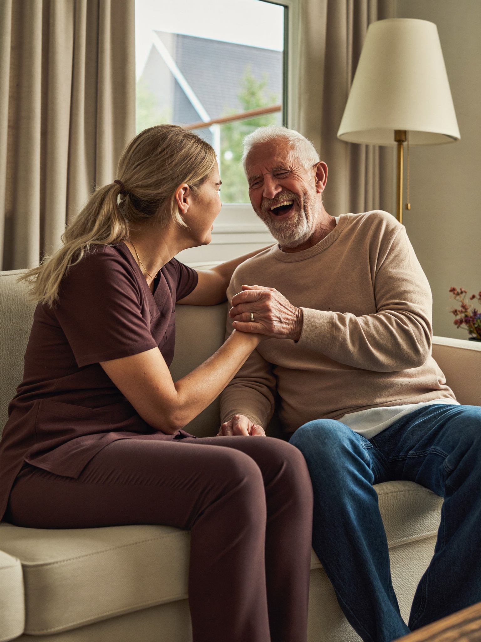 Betreuerin und Senior lachen gemeinsam